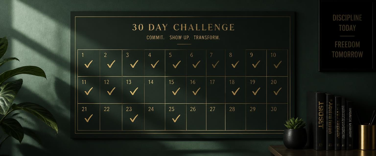A 30-day challenge wall calendar with gold checkmarks