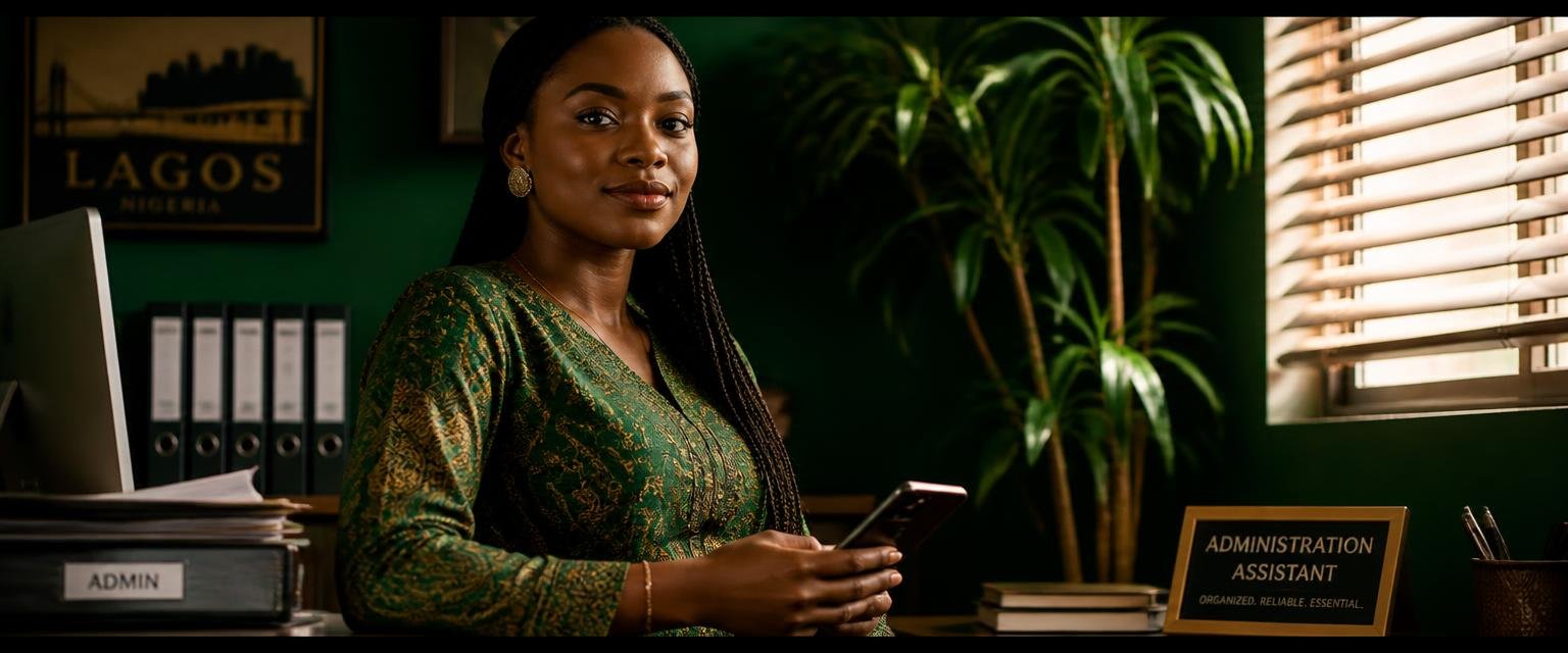 Nigerian administrative assistant at her desk holding a phone