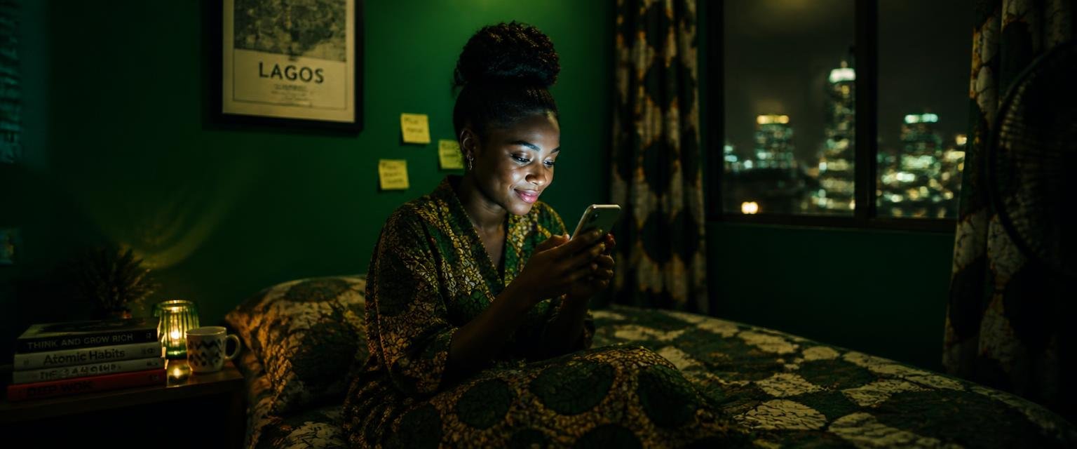 Young Nigerian woman working on her smartphone at night in a Lagos apartment