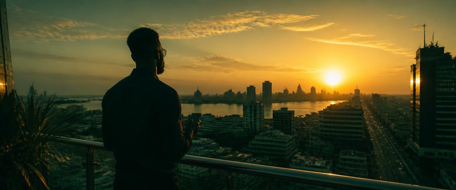 Silhouette holding a phone at sunrise over the Lagos skyline