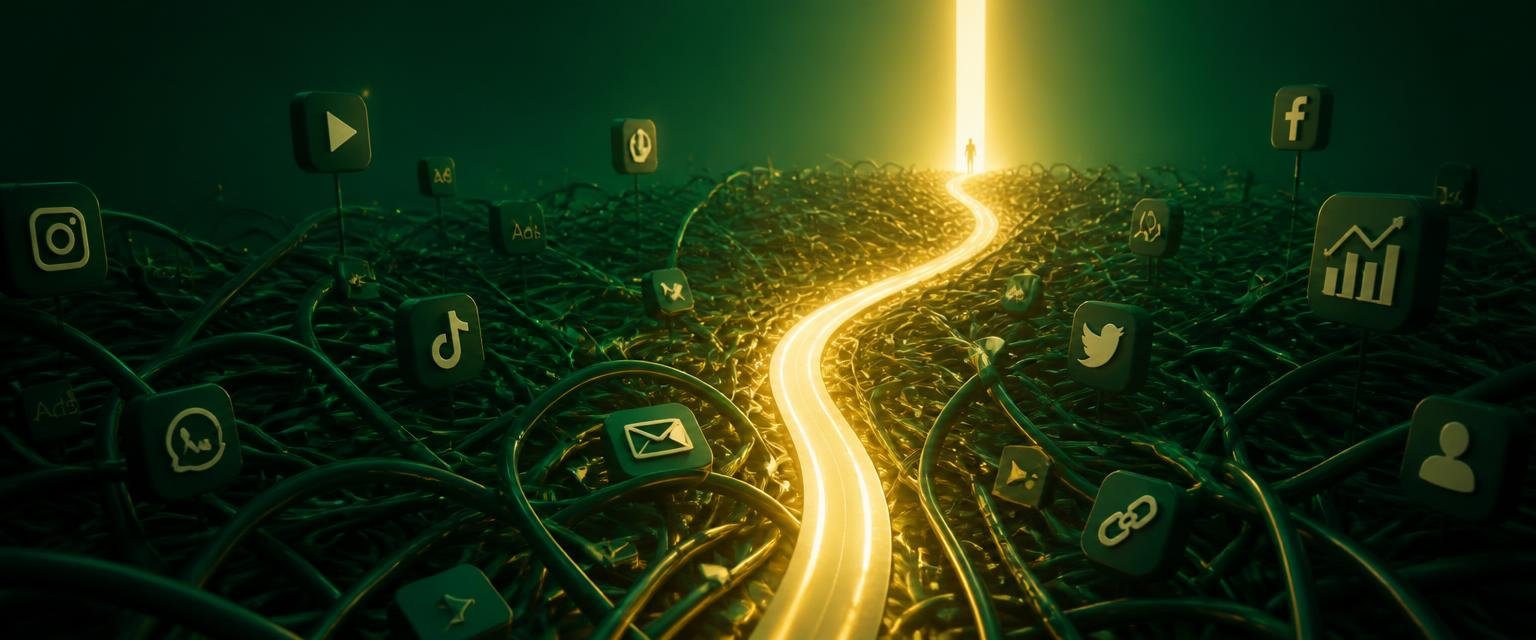 A single glowing path cutting through a maze of scattered app icons