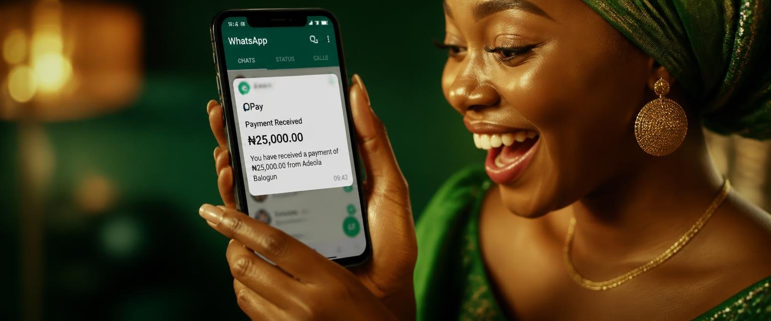 Nigerian woman smiling at a payment notification on her phone