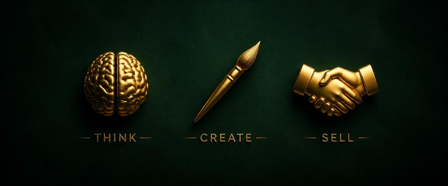 Gold icons representing think, create and sell