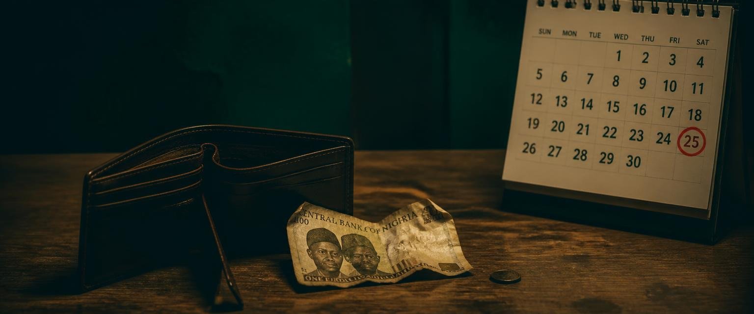 Empty wallet beside a calendar with the 25th circled