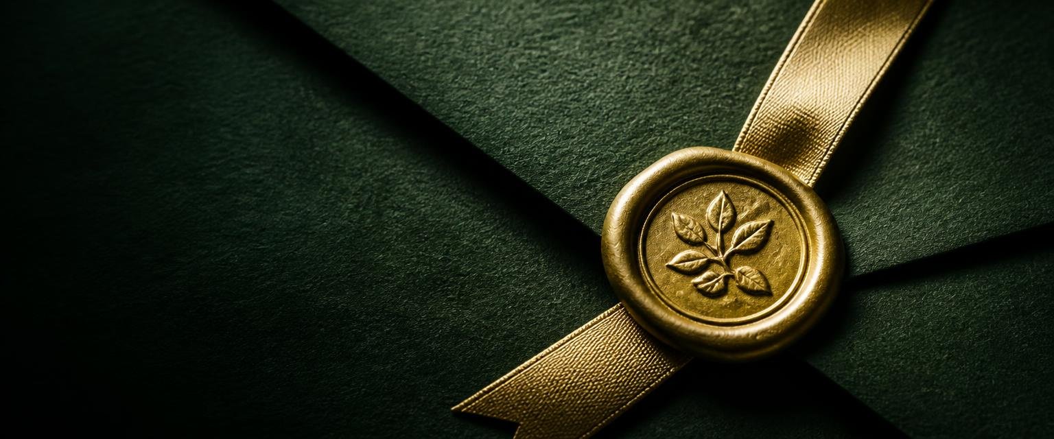 Gold wax seal and ribbon on dark green paper