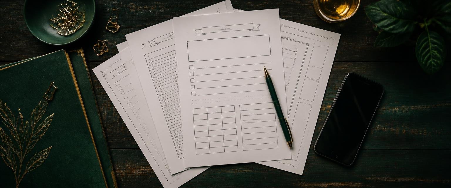 Printable worksheets, a pen and a smartphone on a desk