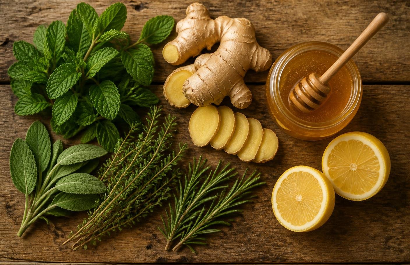Fresh herbs, ginger root, honey and lemon on a wooden board
