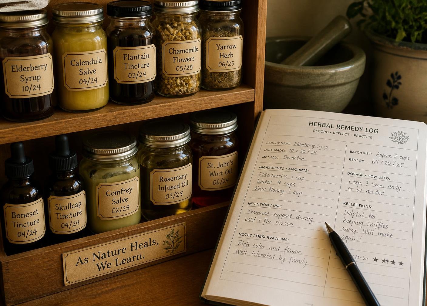 Labeled apothecary shelf beside an open printed remedy log